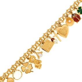 Gold, Enamel and Cultured Pearl Charm Bracelet