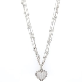 White Gold and Diamond Heart Enhancer with Five Strand White Gold Bead Chain Necklace