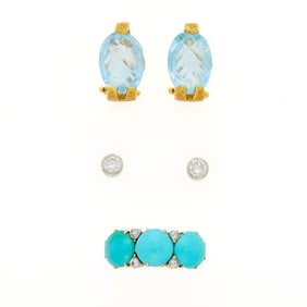 Pair of Gold and Blue Topaz Earrings, Turquoise and Diamond Ring and Pair of White Gold and Diamond
