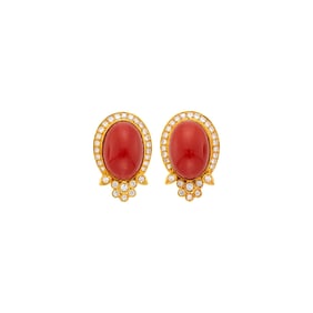 Pair of Gold, Oxblood Coral and Diamond Earclips