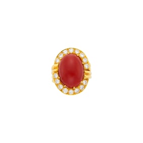 Gold, Oxblood Coral and Diamond Ring