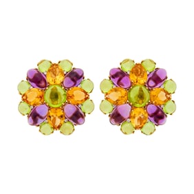 Pair of Gold, Cabochon Peridot and Amethyst, Citrine and Diamond Earrings