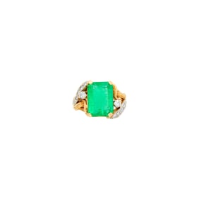Two-Color Gold, Emerald and Diamond Ring
