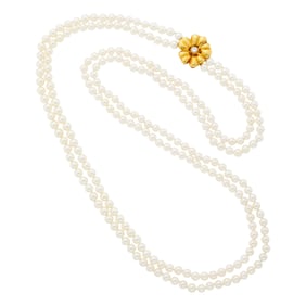 Long Double Strand Cultured Pearl Necklace with Two-Color Gold and Diamond Flower Clasp