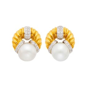 Pair of Two-Color Gold, Three-Quarter South Sea Cultured Pearl and Diamond Earrings