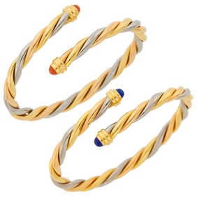 Cartier Pair of Tricolor Gold, Lapis and Coral 'Trilogy' Bangle Bracelets, France