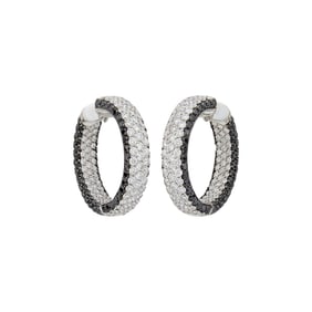 Pair of White Gold, Diamond and Black Diamond Hoop Earrings
