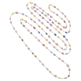 Long White Gold, Multicolored Sapphire and Diamond Chain Necklace
