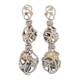 Pair of White Gold, Multicolored Cultured Pearl, Colored Diamond and Diamond Cage Pendant-Earclips