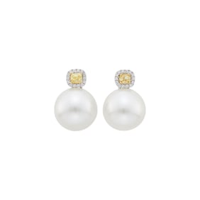 Pair of White Gold, South Sea Cultured Pearl, Colored Diamond and Diamond Earrings