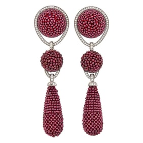 Sabbadini Pair of White Gold, Garnet Bead and Diamond Pendant-Earclips