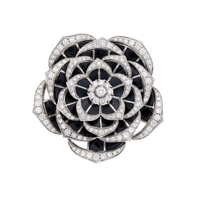 White Gold, Black Onyx and Diamond Flower Clip-Brooch