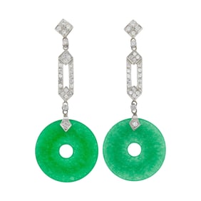 Pair of Platinum, Jade and Diamond Pendant-Earrings