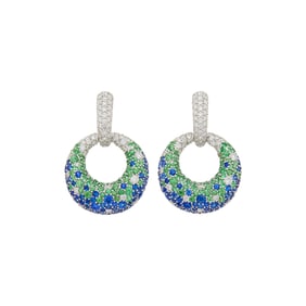 Pair of White Gold, Tsavorite Garnet, Sapphire and Diamond Door Knocker Earrings