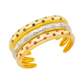 Two-Color Gold, Ruby, Sapphire and Diamond Cuff Bangle Bracelet