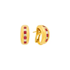 Pair of Gold, Ruby and Diamond Half-Hoop Earrings