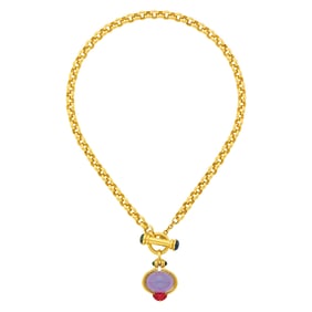 Gold, Cabochon Blue Chalcedony and Gem-Set Circle Link Toggle Pendant-Necklace