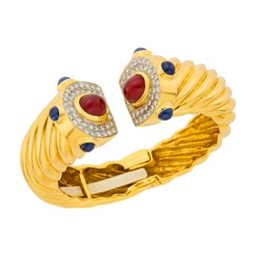 Fluted Two-Color Gold, Cabochon Ruby and Sapphire and Diamond Bangle Bracelet