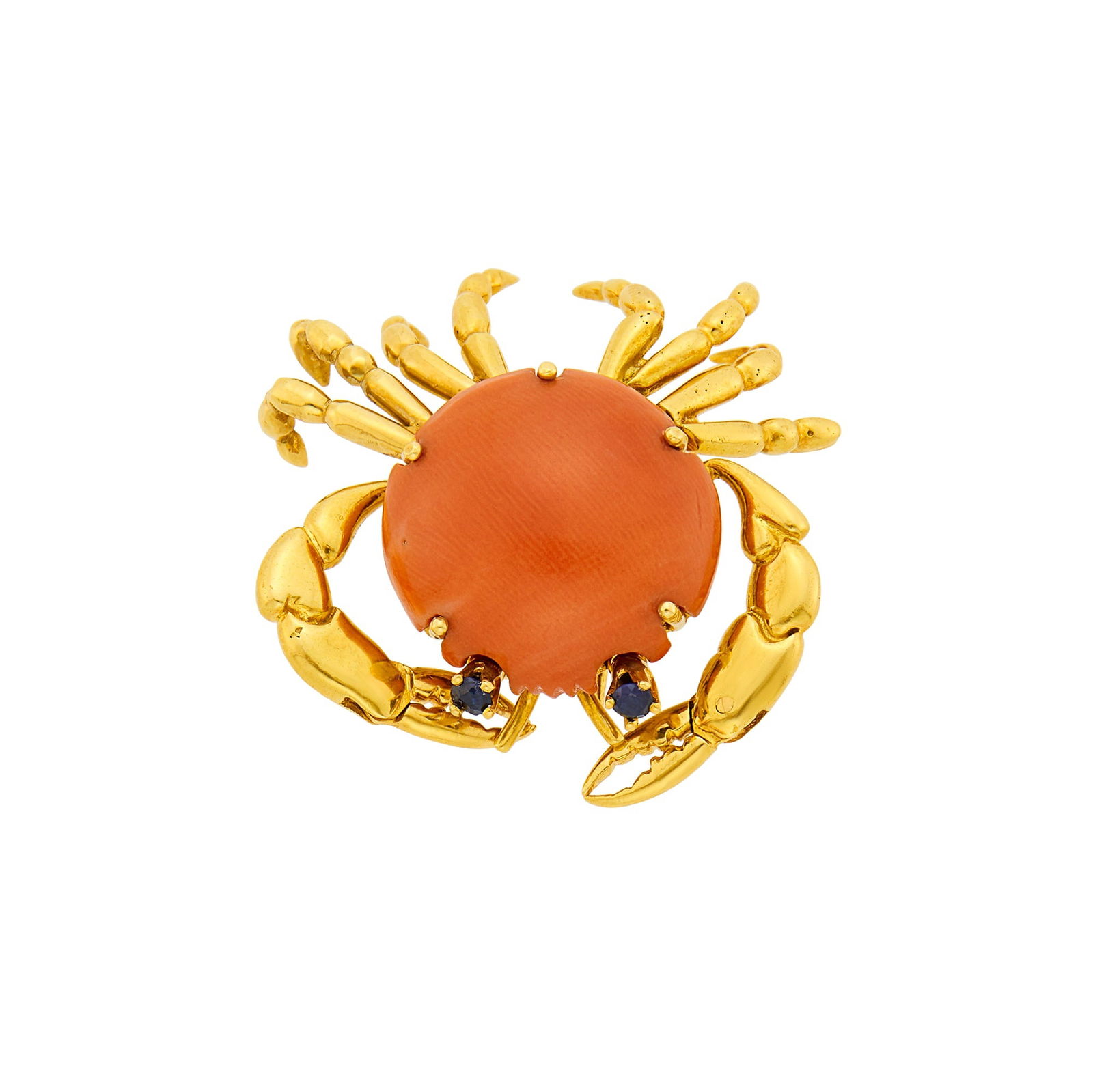 Mellerio Gold, Coral and Sapphire Crab Clip-Brooch: One round cabochon coral ap. 18.0 mm., 2 round sapphire eyes, signed Mellerio, no. 4905, with maker's marks, slightly movable claws and legs, ap. 13 dwts. gross. Coral: medium deep oran