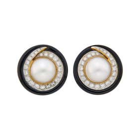 Pair of Two-Color Gold, Mabé Pearl, Black Onyx and Diamond Earclips