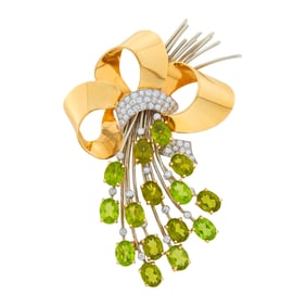 Two-Color Gold, Platinum, Peridot and Diamond Clip-Brooch