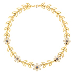 Gold, Moonstone and Sapphire Flower Necklace