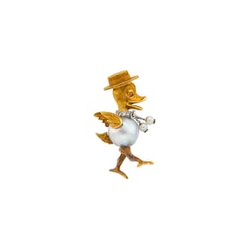 Two-Color Gold, Semi-Baroque Cultured Pearl and Diamond Duck Pin