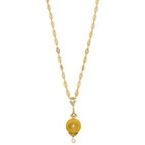 Golay Fils & Stahl Edwardian Gold, Enamel, Diamond and Aquamarine Pendant-Watch with Chain Necklace