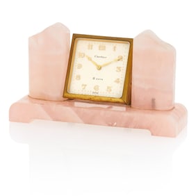 Cartier Brass and Rose Quartz Desk '8 Days' Desk Clock