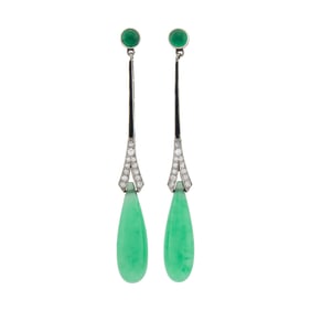Pair of Platinum, Jade, Green Onyx, Black Enamel and Diamond Pendant-Earrings