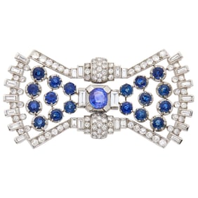 Platinum, Violet Sapphire, Sapphire and Diamond Bow Brooch, France