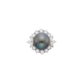 White Gold, Tahitian Gray Cultured Pearl and Diamond Ring