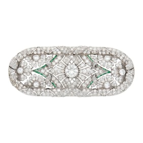 Platinum, Diamond and Simulated Emerald Brooch