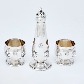 Pair of William Gale Jr. Sterling Silver "Medallion" Pattern Open Salts and Pepper Caster 1870s