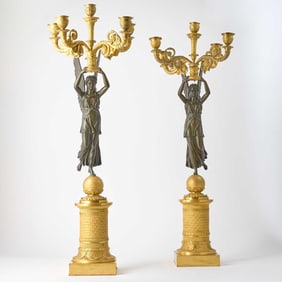 Pair of Empire Style Gilt and Patinated Bronze Figural Five-Light Candelabra