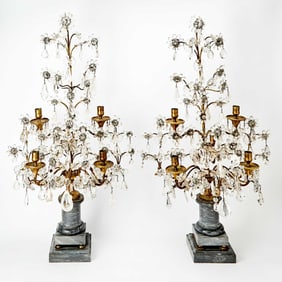 Pair of Louis XVI Style Brass, Glass, Rock Crystal, and Bleu Turquin Marble Five-Light Girandoles