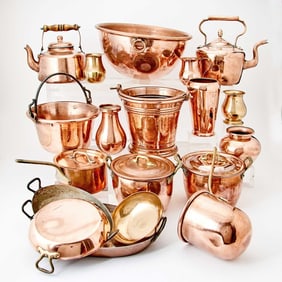 Group of Copper and Brass Cookware and Table Articles