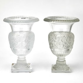 Assembled Pair of Lalique Molded Glass "Versailles" Pattern Footed Vases