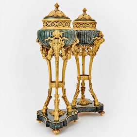 Pair of Louis XVI Style Gilt-Bronze Mounted Green Marble Covered Garniture Urns