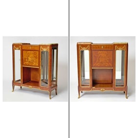 Pair of Louis XVI Style Marquetry Inlaid and Marble Vitrine Cabinets