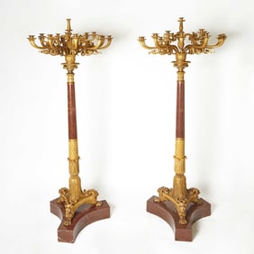 Pair of Empire Style Gilt-Bronze and Marble Sixteen-Light Floor Candelabra