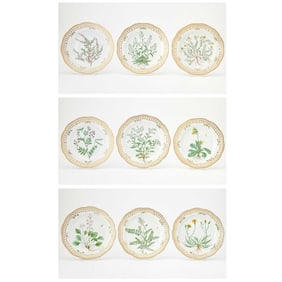 Set of Nine Royal Copenhagen Flora Danica Porcelain Luncheon and Dinner Plates