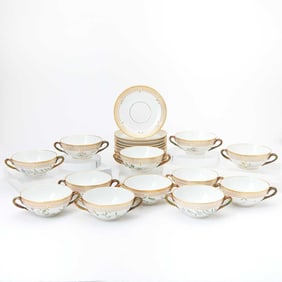 Set of Twelve Royal Copenhagen Flora Danica Porcelain Cream Soup Bowls and Saucers