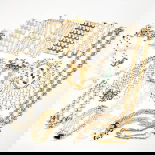 Group of Faux Pearl Costume Jewelry: Comprising two Nina Ricci multi-strand bracelets, Nina Ricci multi-strand necklace with rhinestones, Roger Jean Pierre multi-strand torsade and amethyst glass bead necklace, Chanel multi-strand pearl,