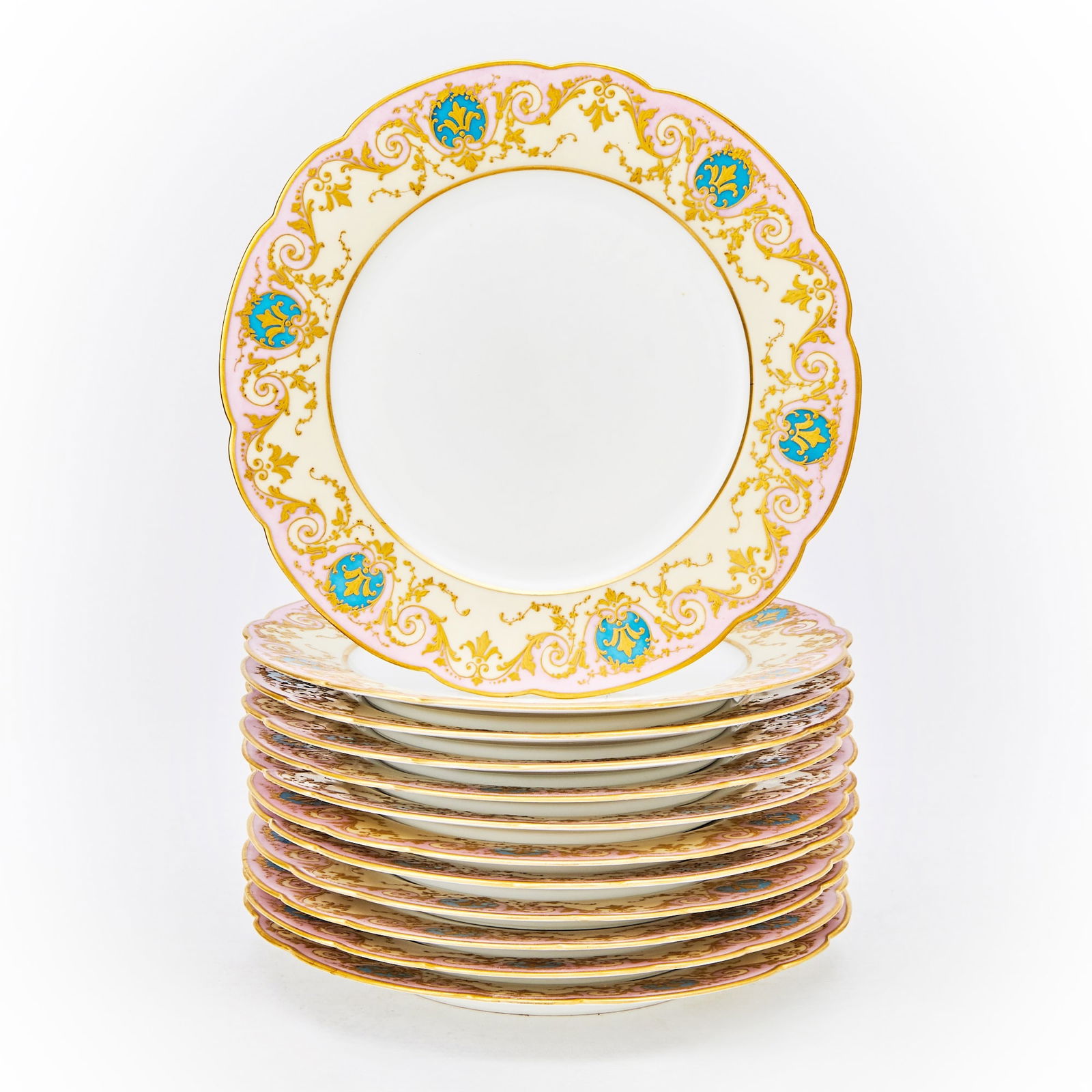 Set of Twelve Sèvres Pink-Ground Gilt-Rimmed Porcelain Dinner Plates (1 of 3)