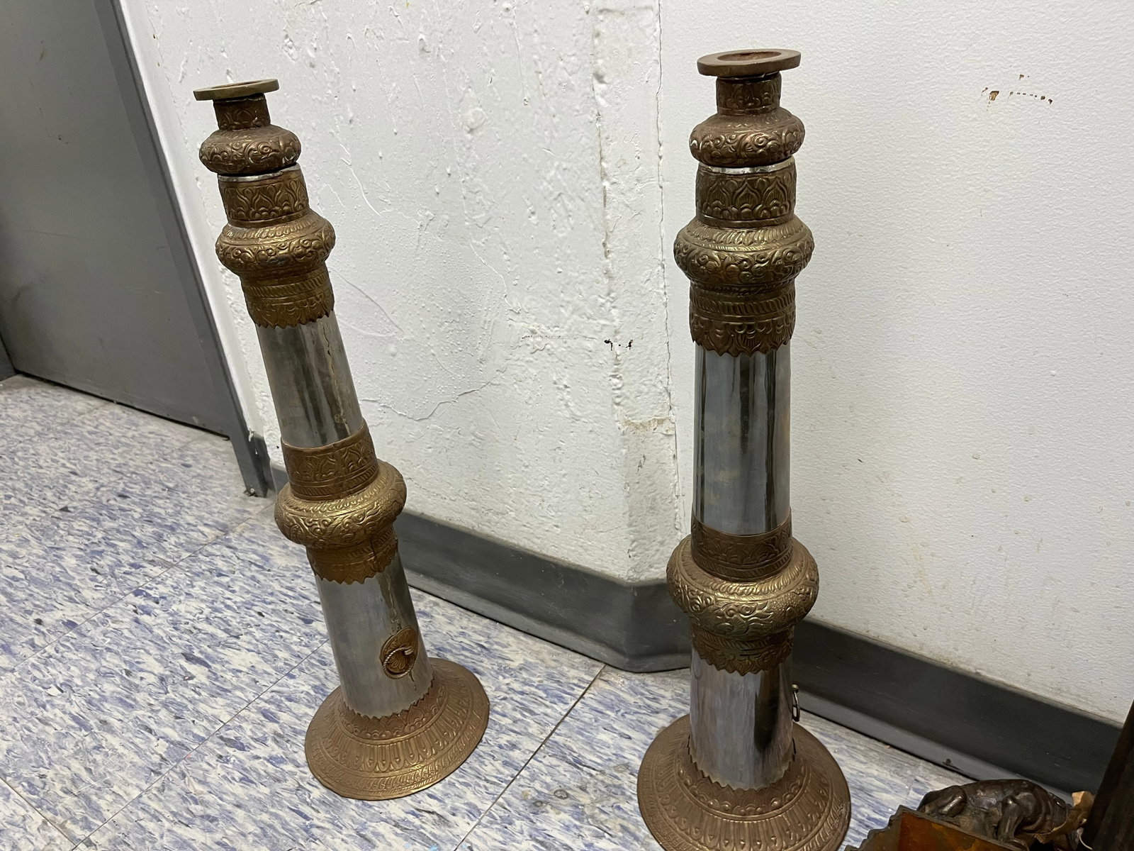 Pair of TIbetan Metal Horns: Height 23 1/2 inches (59.6 cm). Some dings and dents.
