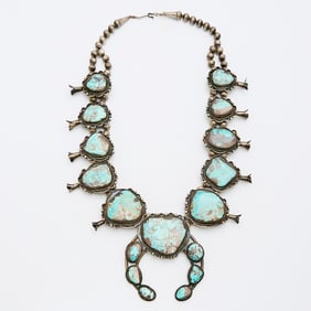 Navajo Silver and Turquoise Squash Blossom Necklace
