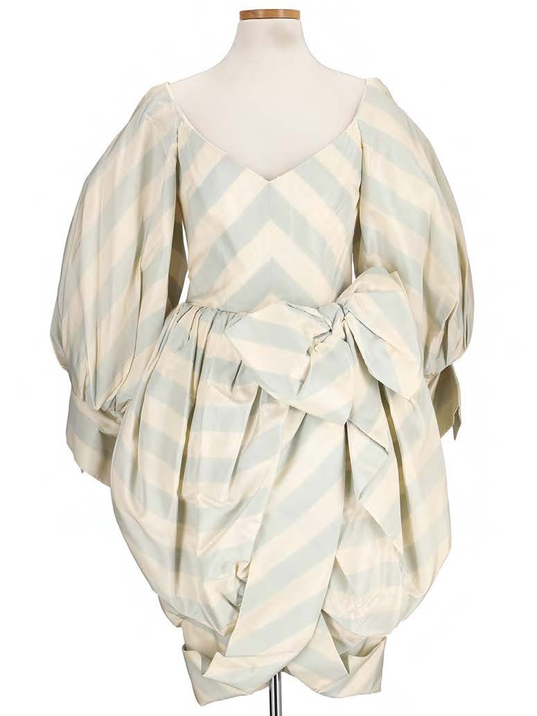 Christian Dior Light Blue and Creme Silk Stripe Evening Dress: 20th century Open V-neck with puff sleeves and gathered pouf, with bow accent (no size).
