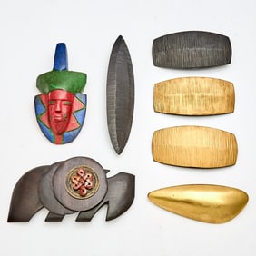Group of Five Monies Ebony Wood Brooches Together with Two Other Wood Examples