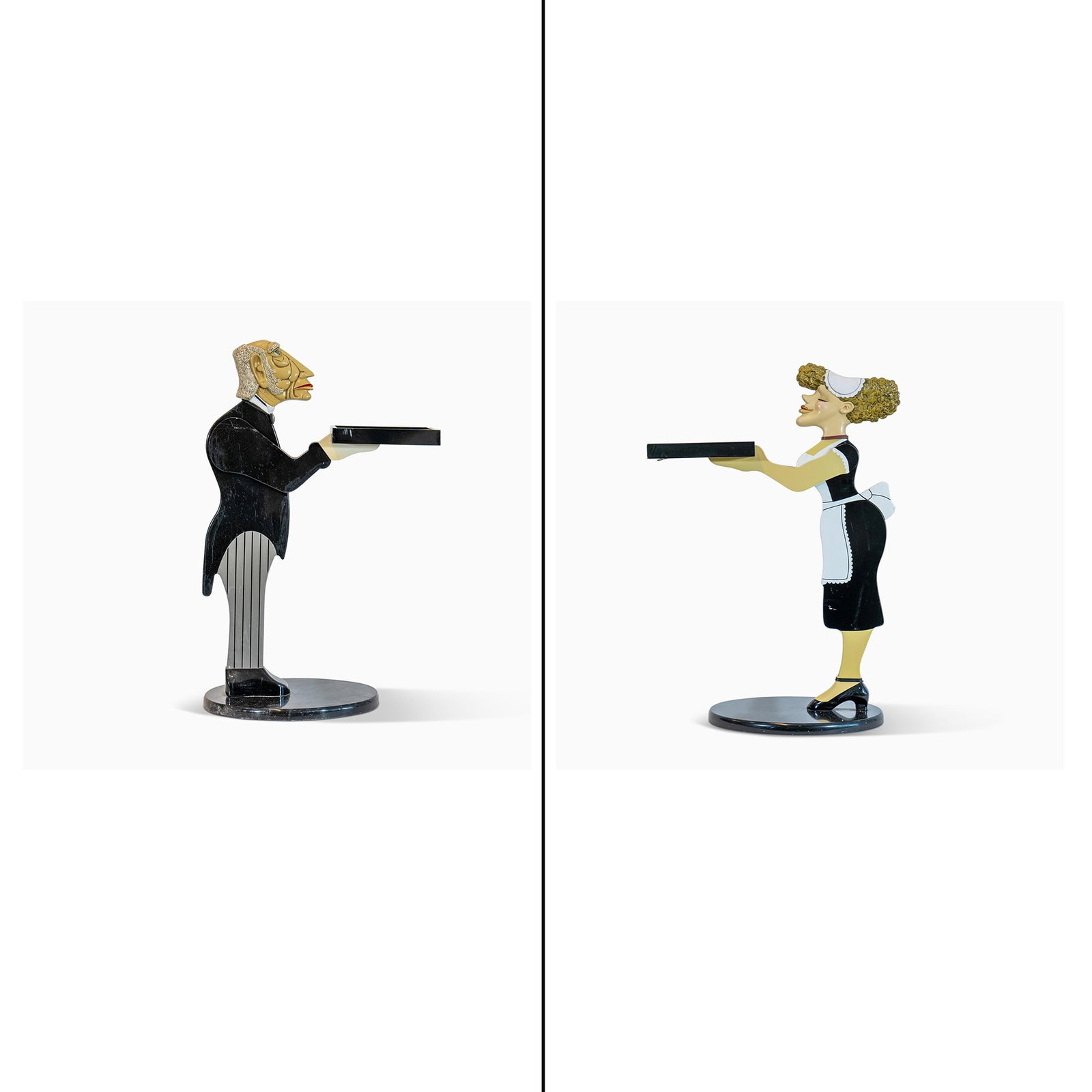 Pair of Amusing Maid and Butler Tray Tables: Circa 1992, Bombay Company, Inc. Heights 32 inches (81.2 cm), width 22 inches (55.8 cm).